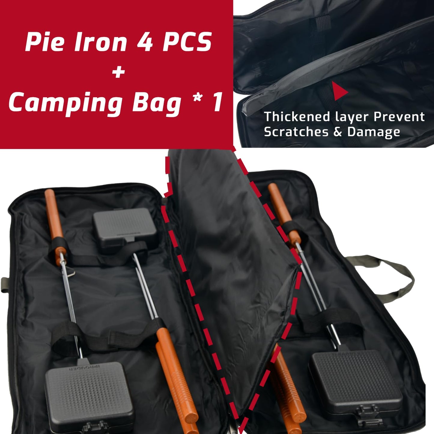 IPROUDER Campfire Pie Iron 4.9" Large Cast Iron Sandwich Maker for Camping 4 Pcs with Storage Bag - 22.6 inch Thickened Handles - Campfire Cooking Equipment for Grilling & Outdoor Cooking