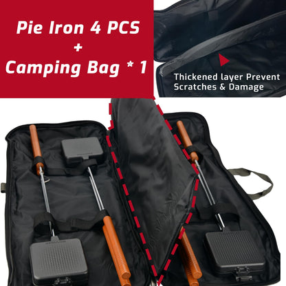 IPROUDER Campfire Pie Iron 4.9" Large Cast Iron Sandwich Maker for Camping 4 Pcs with Storage Bag - 22.6 inch Thickened Handles - Campfire Cooking Equipment for Grilling & Outdoor Cooking