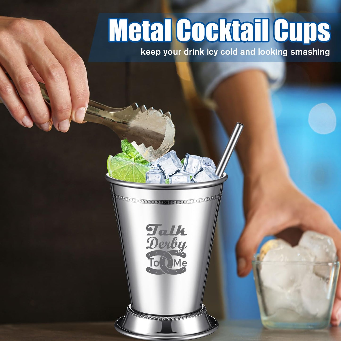 Ziliny 24 Pack Mint Julep Cups with Straws 12 oz Stainless Steel Drinking Cups Metal Cocktail Glasses Beaded Mint Julep for Horse Racing Derby Party Supplies