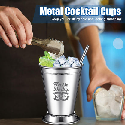 Ziliny 24 Pack Mint Julep Cups with Straws 12 oz Stainless Steel Drinking Cups Metal Cocktail Glasses Beaded Mint Julep for Horse Racing Derby Party Supplies