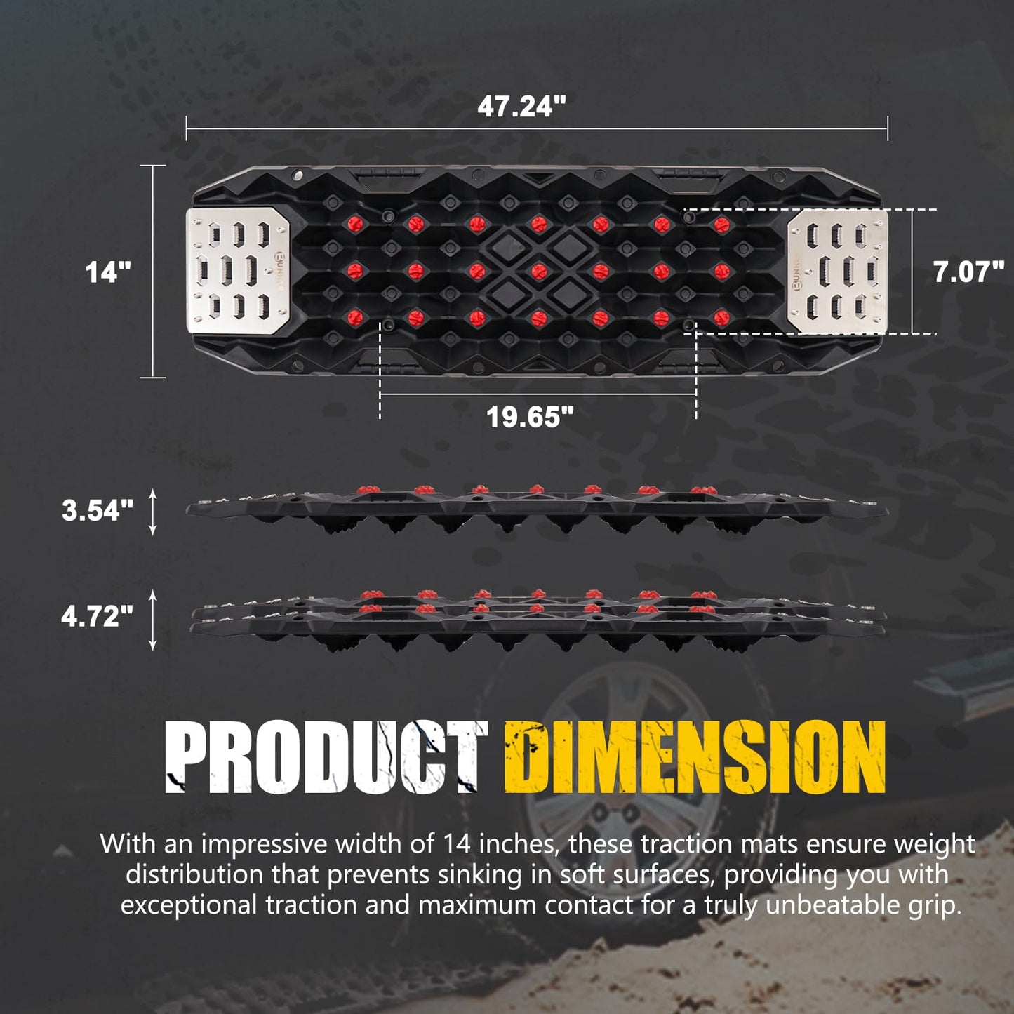 BUNKER INDUST Offroad Traction Board with Jack Base,Pair 47.24"L x 14"W Recovery Track Tire Traction Mat -Black Sand,Mud,Snow Ramps (Replaceable Dual Colors Teeth/Rugged Steel Plate) Gen 11th