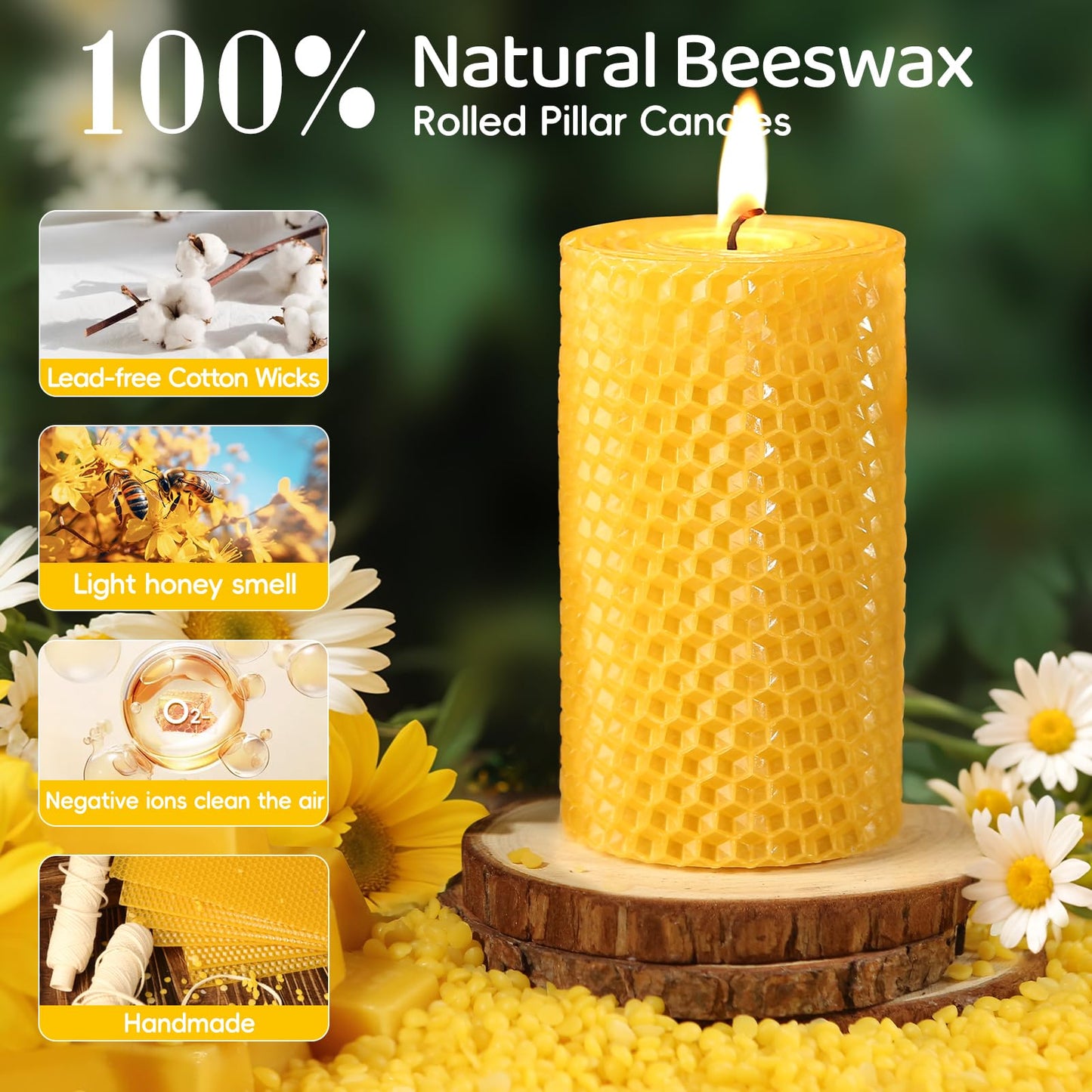 3 Pack Natural Beeswax Pillar Candles,Handmade Pure Beeswax Rolled Candle-60 Hours Long Burning,Honeycomb Bees Wax Candles for Home, Prayer,Dripless Smokeless Unscented Pillar Candle 2x4in