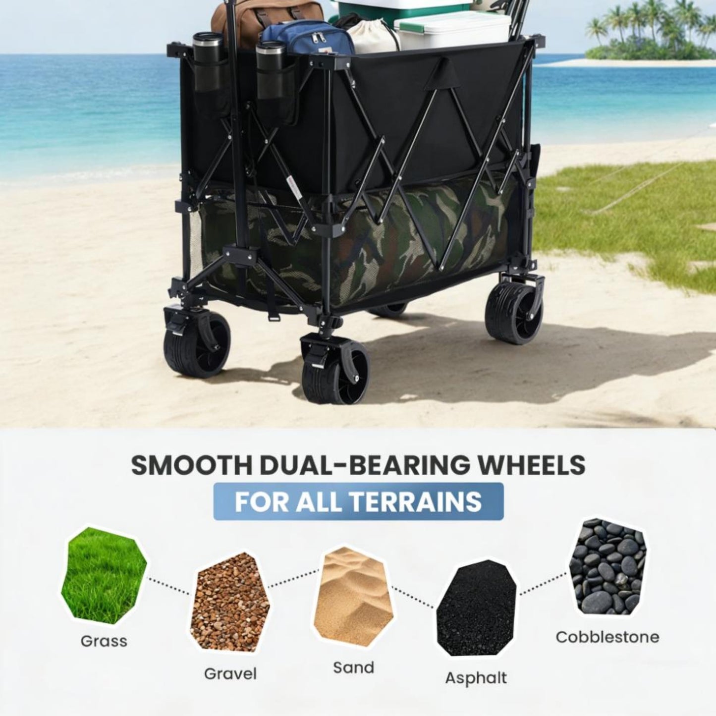 NEWBULIG Large Capacity Wagon Carts Foldable, 440LB Heavy-Duty Double Decker Wagon with All-Terrain Wheels, Portable Storage Shopping Cart for Groceries, Camping, Sports, Beach, Garden