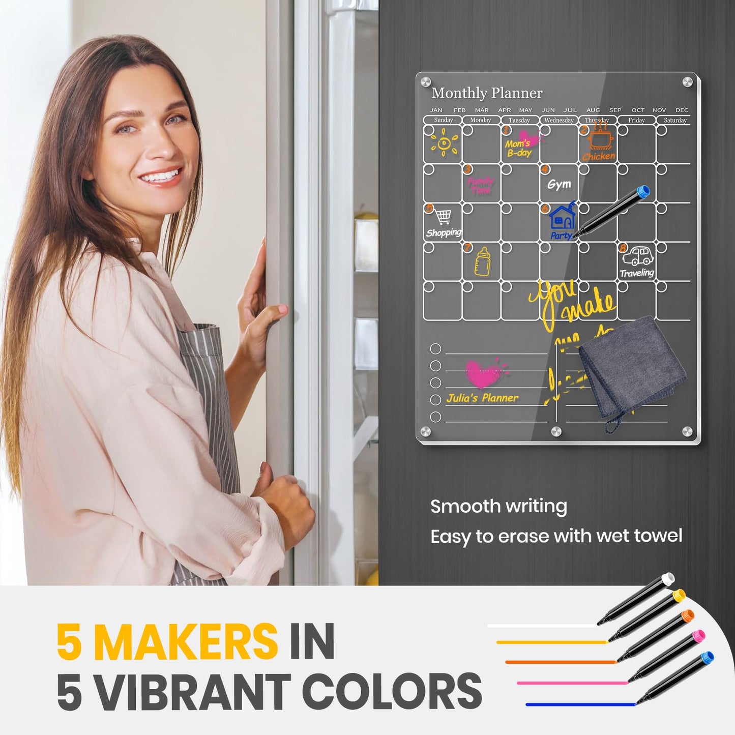 IDEATECH Acrylic Magnetic Fridge Calendar Planner 2025, Clear Dry Erase Board for Refrigerator, 2in1 Vertical Monthly & Weekly Planner to Do Grocery List Board,Family Calendar WhiteBoard Magnet(White)