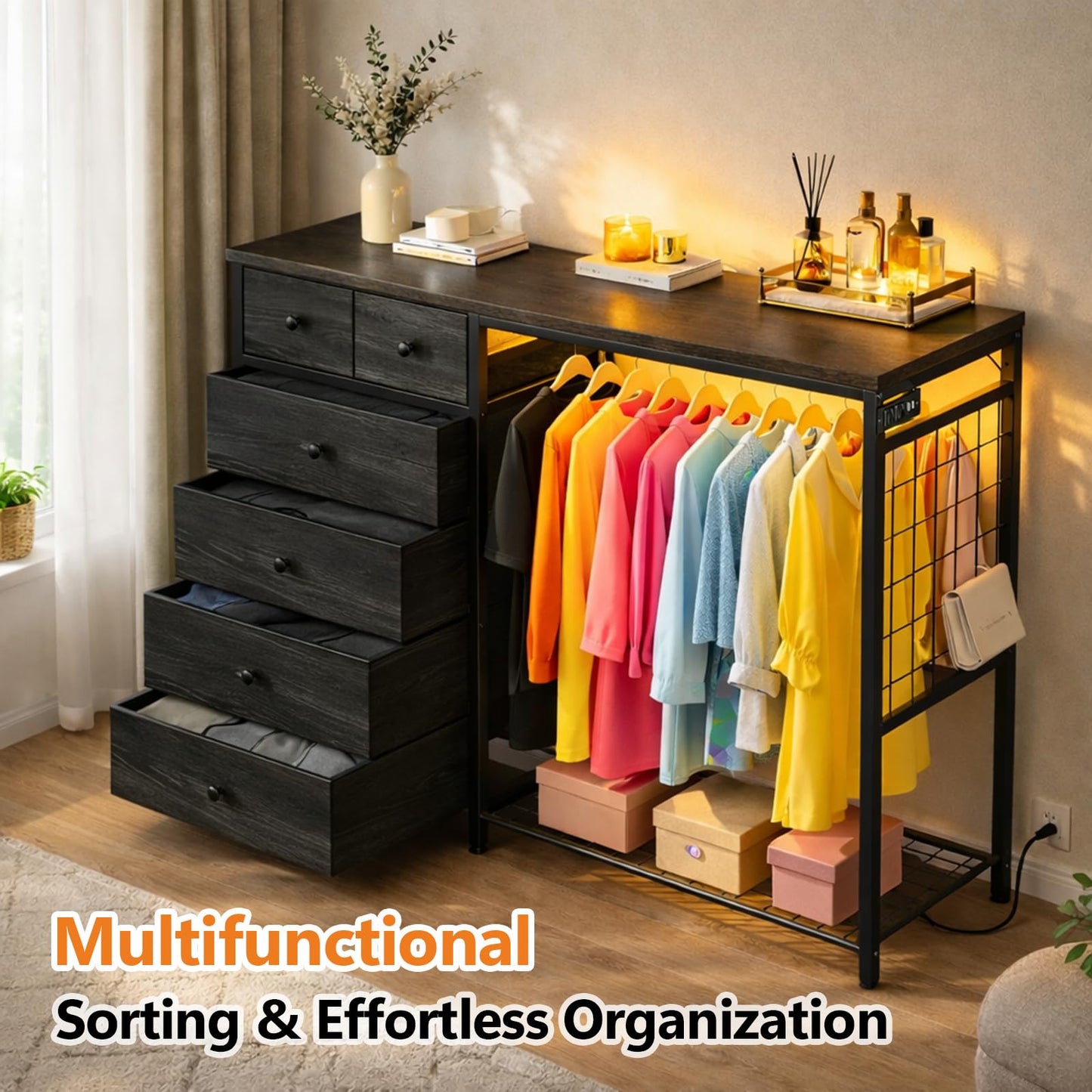 Simple Deluxe Storage Clothes Rack with 6 Drawers, Charging Station & LED Lights, Fabric Chest Shelves Clothing Rack, Wooden Portable Wardrobe Closet, 49.2" W x 15.7" D x 47.2" H, Black