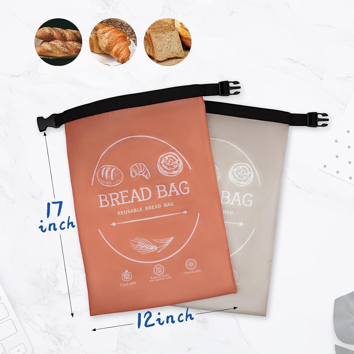 Beeswax Bread Bags - 2 Pack XL Reusable Waxed Linen Storage Bags | Eco-Friendly & Freezer-Safe (Orange & Grey)