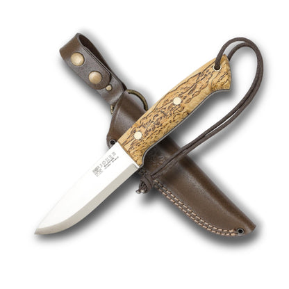 Joker Ranger CL143 Bushcraft Knife, 11 cm Sandvik 14C28N Fixed Blade, Curly Birch Wood Handle, Brown Leather Sheath, Camp Craft Knife for Backpacking, Camping, Survival and Hunting
