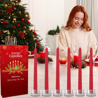 YOROXRG 24 Pack Red Taper Candles, 7-8 Hours Burn Time, Unscented, Smokeless and Dripless, 0.75 x 10 Inch Dinner Candle Set for Christmas,Household, Wedding, Party and Home Décor Candlesticks