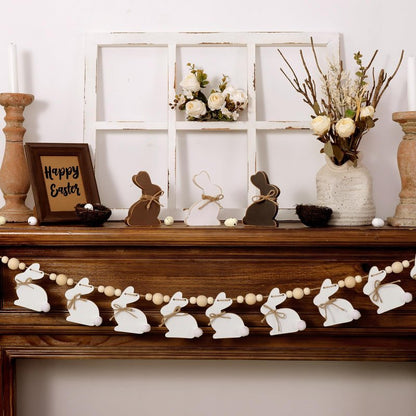 Easter Decorations Garlands, Cute Bunny Easter Garland with Wooden Beads, Rustic Banner for Mantel, Fireplace, Wall, Home, Farmhouse, Office, School Indoor Spring Decor Supplies