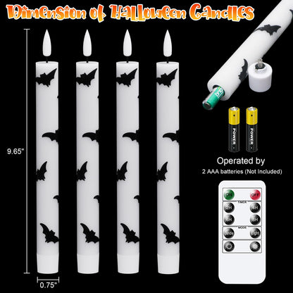 Wondise Halloween Flameless Taper Candles with Remote & Timer, 4 Pack Bats Battery Operated Real Wax 3D Flame LED Flickering Candles for Halloween Table Decorations