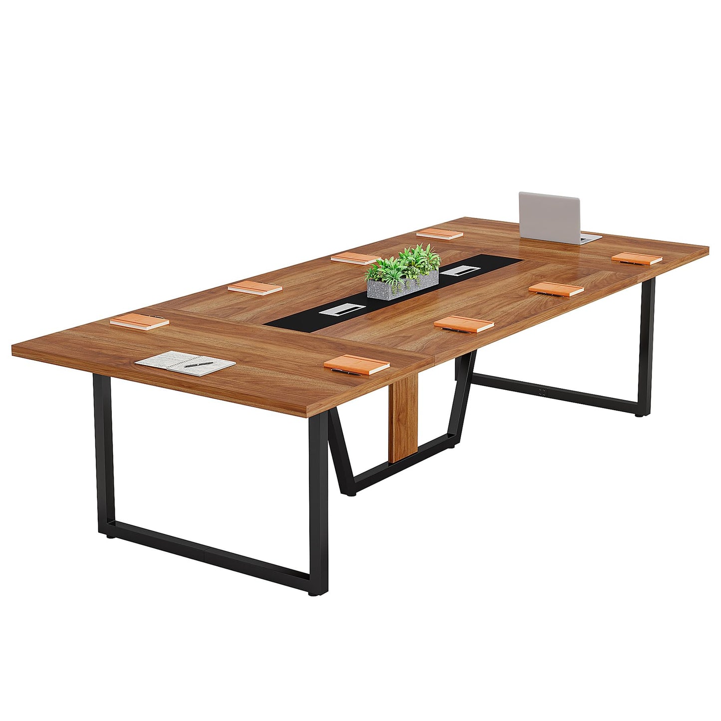 LITTLE TREE 8FT Conference Table for 10 People, Large Meeting Table, Modern Conference Room Tables with Cable Management, Training Tables with Strong Metal Legs for Office, Brown