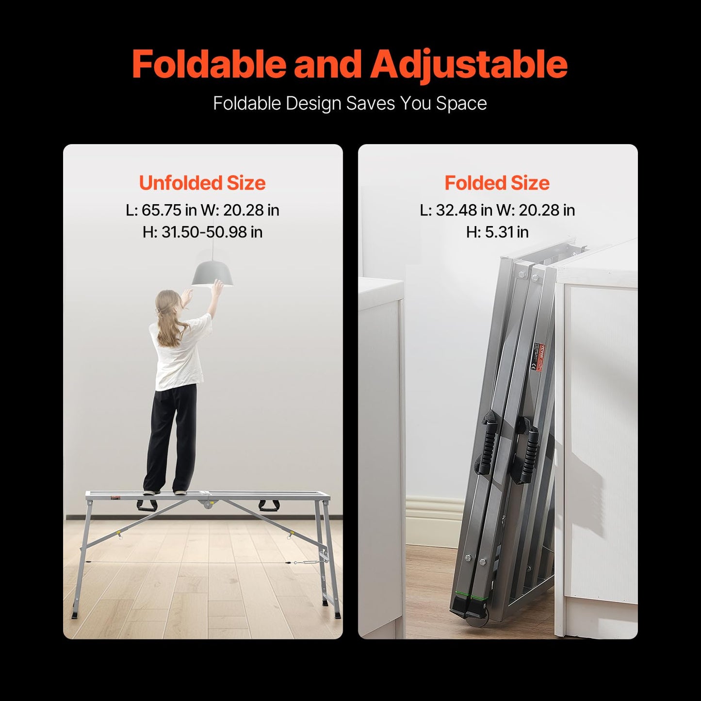 VEVOR Work Platform, 63"x 15" Portable Scaffolding Platform, Folding Steel Step Ladder Adjustable Height 31.5”-50.1”, 800 lbs Load Capacity, Non-Slip Drywall Painting Stool for Cleaning &Washing