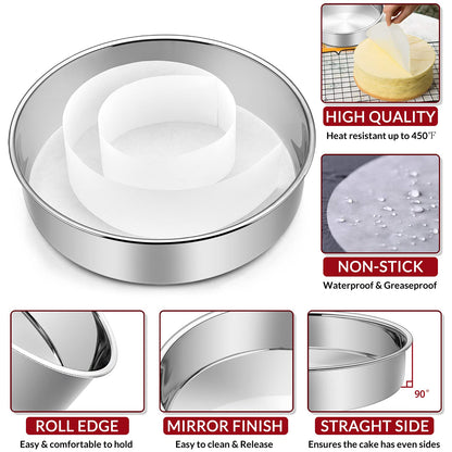 6 Inch Cake Pan Set of 2, E-Far Stainless Steel Round Layer Smash Cake Baking Pans with Parchment Rounds & Side Liner Roll, Non-Toxic & Healthy Metal Cakes Tin, Straight Side & Dishwasher Safe