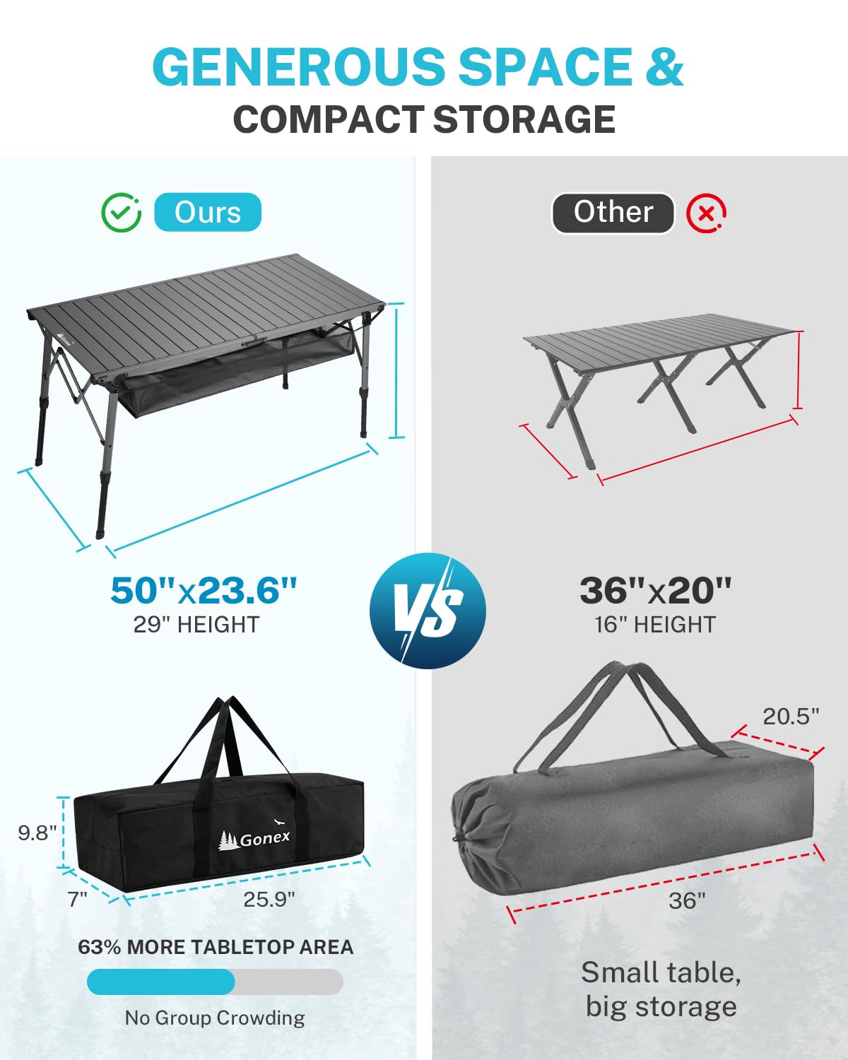 Gonex 50" Camping Table with Adjustable Height Legs for Uneven Ground, Portable Folding Aluminum Roll Up Table with Mesh Pocket for Camping, Picnic, BBQ, Cooking, Beach