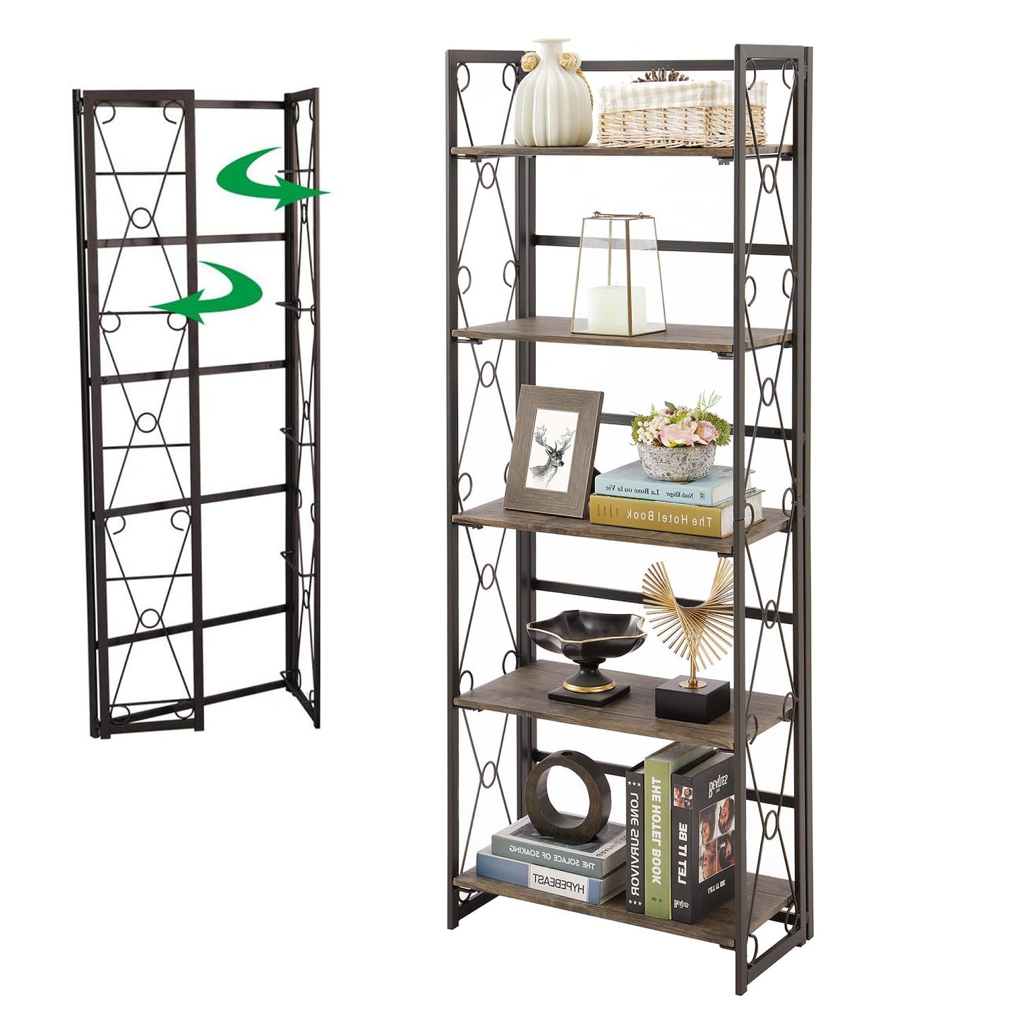 VECELO Folding Bookshelf, 5 Shelf Folding Bookcase No Assembly, Industrial Metal Freestanding Shelves Rack Organizer for Living Room, Office, Bedroom, Kitchen