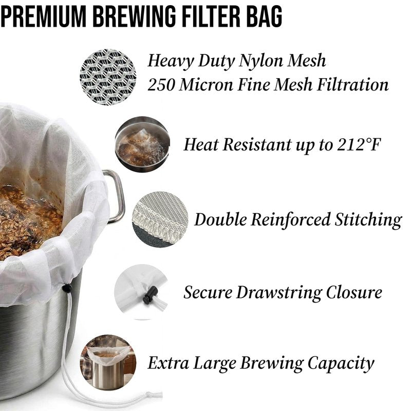 5 Pack Brew Bags, 250 Micron Brew in a Bag (BIAB) Grain Straining Bags with Drawstring, Heavy Duty Nylon Mesh Brewing Filter Bags for Beer, Wine, Cider & Cold Brew Coffee (26" x 22")