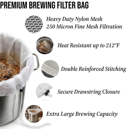 5 Pack Brew Bags, 250 Micron Brew in a Bag (BIAB) Grain Straining Bags with Drawstring, Heavy Duty Nylon Mesh Brewing Filter Bags for Beer, Wine, Cider & Cold Brew Coffee (26" x 22")