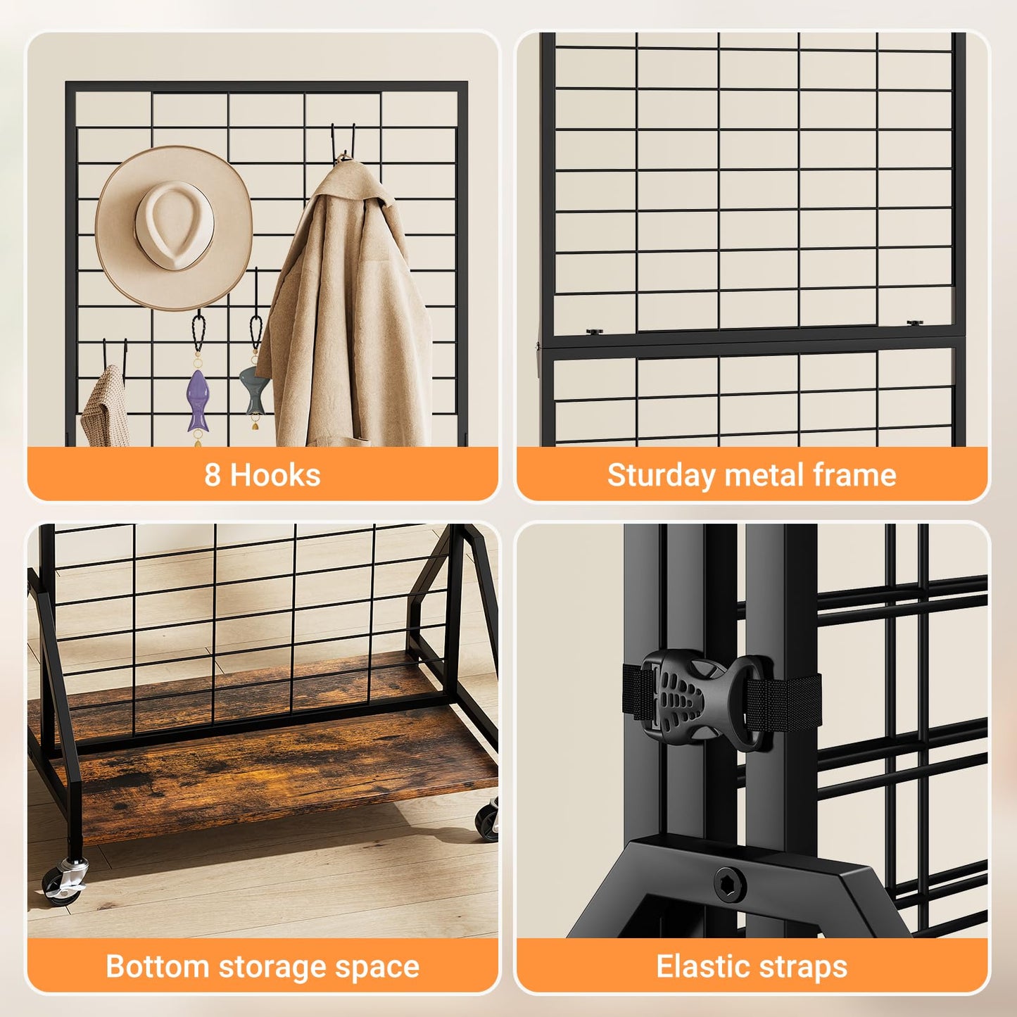 ELYKEN 2 Pack Foldable Grid Wall Panels 5.7' x 2' FT, Movable Wire Gridwall Display Rack with Wheels and Adjustable Foots, Retail Display Stand for Vendor with Storage (Rustic Brown)
