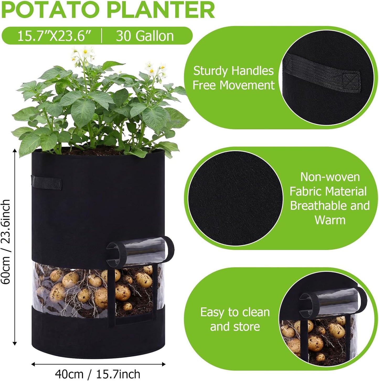 Baderke Potato Grow Bags - 2 Pack with Harvest Window & 360 Visibility | 30 Gallon, Black
