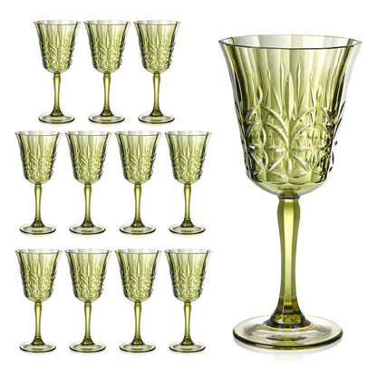10oz Green Plastic Wine Glasses Goblets Stemmed Wine Glasses Set of 12 Shatterproof and Reusable Crystal Glasses Set for Wedding Reception Grand Event Party Ceremony (12, Green)