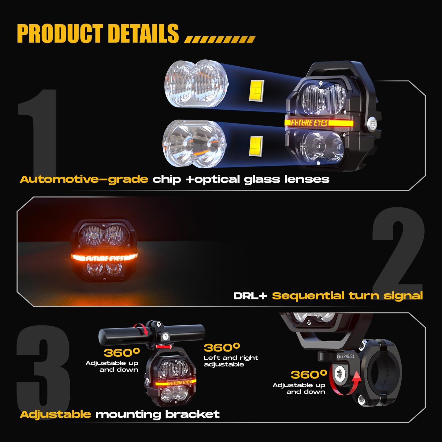 Future Eyes 120W LED Motorcycle Lights, High & Low Beam, Amber Fog Light, Waterproof Off-Road Auxiliary Headlight for Night Riding, ATV, UTV, and Motorcycle Fog & Driving Lights
