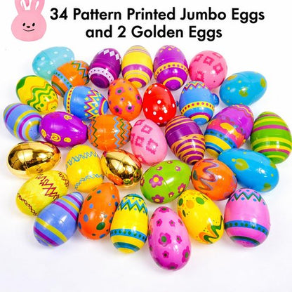 GiftExpress 36 Pcs Jumbo Printed Easter Eggs, Large Golden Hinged Eggs 3” , Church Eggs Hunt, Basket Fillers, Filling Treats for Party Favor, Classroom Office Prize