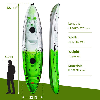 GarveeLife Fishing Kayaks, 12.4FT Sit on Top Kayak for 2-3 Person Adults with Paddle & Comfortable Seat, Capacity of 600LBS, Hard Shell Recreational Ocean Kayak Boat