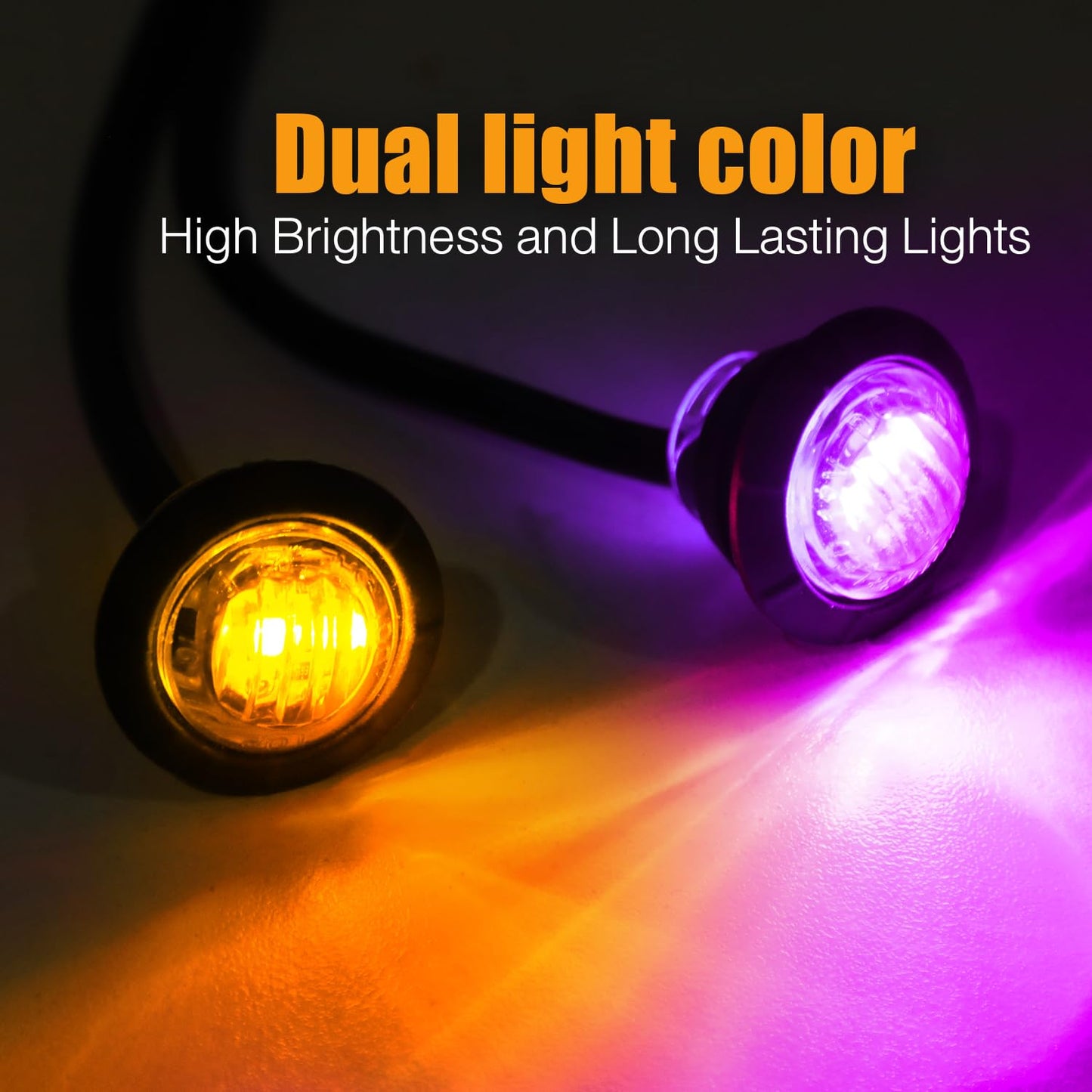 MADCATZ 100 Pcs 3/4" Mini Round Amber to Purple Side Marker Lights with Bullet Connector Plug + 2 Prong Wire Harness Roll, 100 Female Plugs - 6.5 inch Lead for Truck Trailer Pickup 12V DC