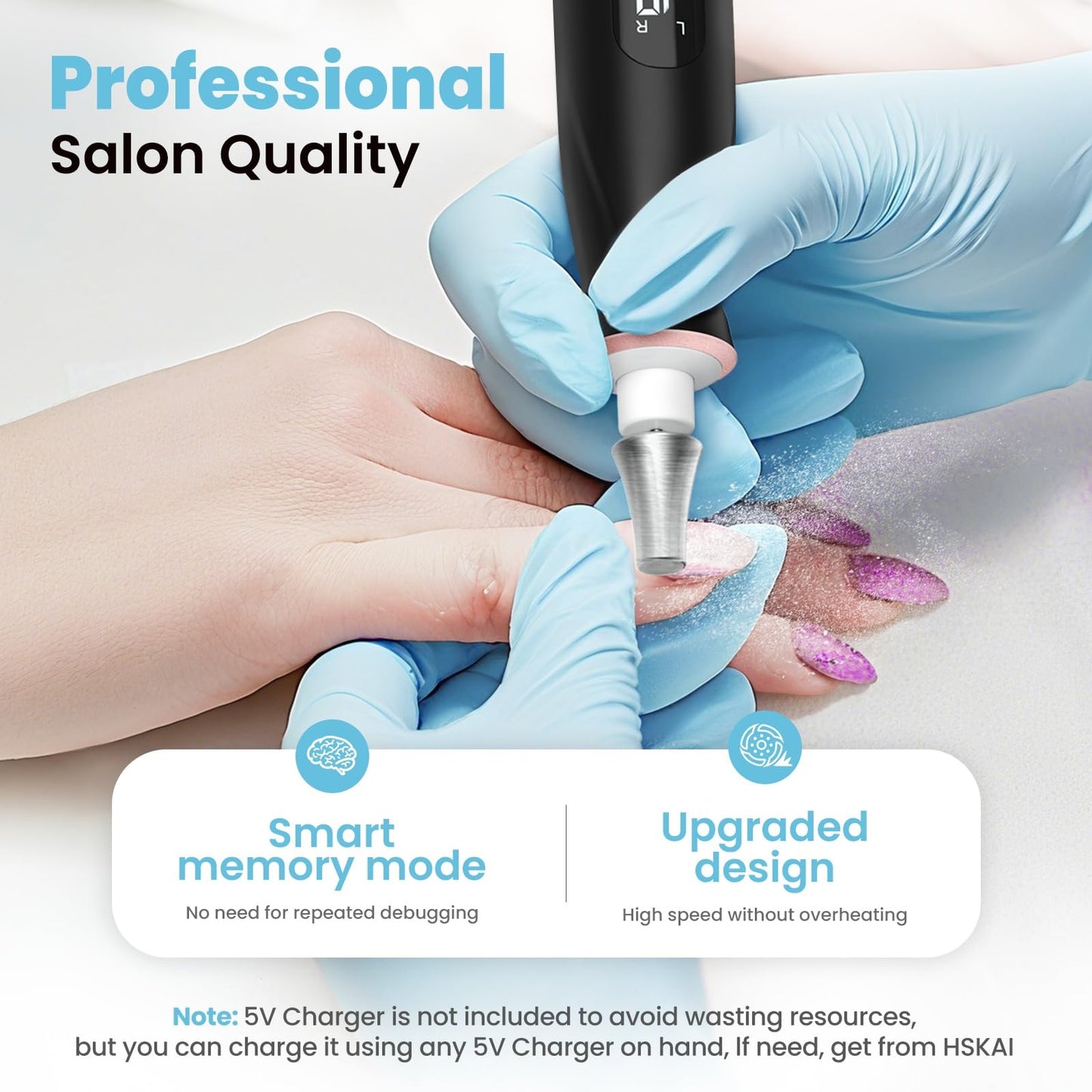 Nail Drill Electric File: HSKAI® 10000RPM Powerful Nail Drill with LCD Display, Cordless Thick Nail Grind Filer for Acrylic Gel Natural Nails Toenails, Manicure & Pedicure Multi-Tool for Home Salon
