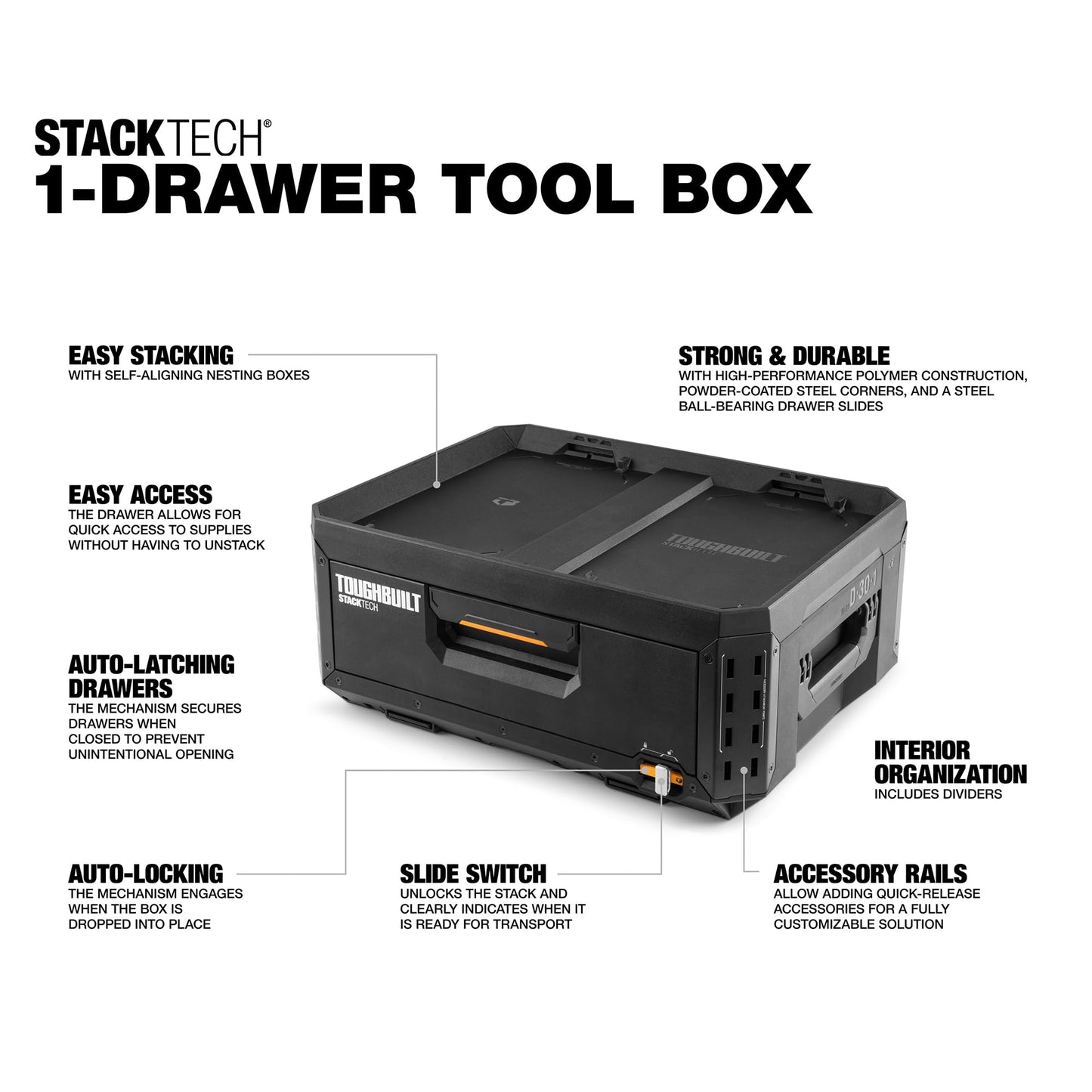 ToughBuilt StackTech 1 Drawer Tool Box, Heavy-Duty Portable Tools Chest, 50 lb Capacity - Stackable Toolbox Storage Organizer with 8 Dividers, Auto-Latching Drawers and Accessory Rails