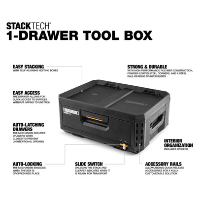 ToughBuilt StackTech 1 Drawer Tool Box, Heavy-Duty Portable Tools Chest, 50 lb Capacity - Stackable Toolbox Storage Organizer with 8 Dividers, Auto-Latching Drawers and Accessory Rails