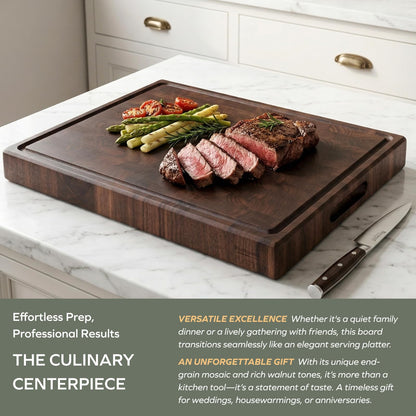 muso wood End Grain Cutting Board, Black Walnut Wood, 2" Thick Dual-Sided Wooden Chopping Board with Juice Groove & Handle - Idea for meat cutting, vegetable dicing, and fruit processing, 16 x 12 inch