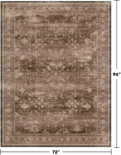 Hazo Haus Boho Brown Living Room Rug - Modern Vintage 6x8 Washable Non-Slip Area Rug for Dining & Lounge