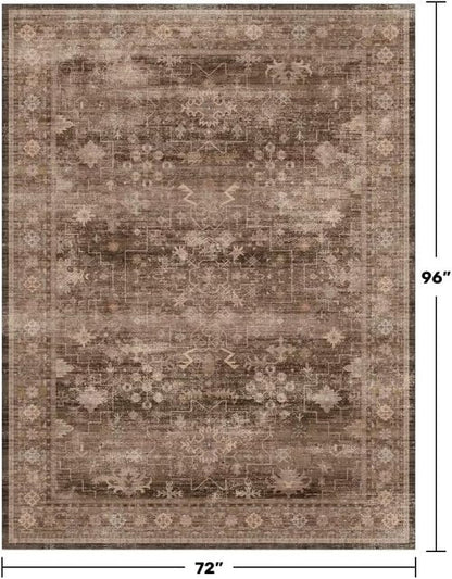Hazo Haus Boho Brown Living Room Rug - Modern Vintage 6x8 Washable Non-Slip Area Rug for Dining & Lounge