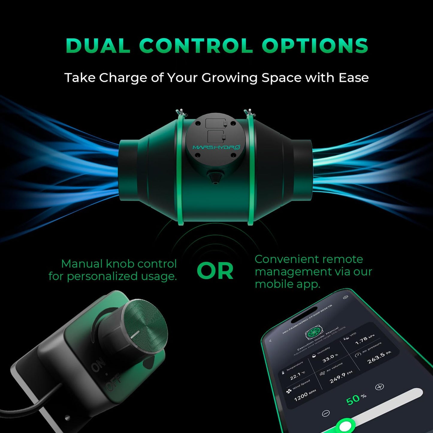 MARS HYDRO iFresh 6 inch Inline Duct Fan,402 CFM Quiet EC Motor Grow Tent Ventilation Exhaust Fan with Speed Controller for Grow Room Cooling，Booster，Indoor Gardening ，Hydroponics