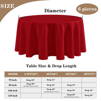 Fitable 6 Pack Red Tablecloths for Round Tables - 108 Inches in Diameter - Stain Resistant and Washable Table Clothes, Polyester Fabric Table Covers for Wedding, Party, Banquet, Formal Events