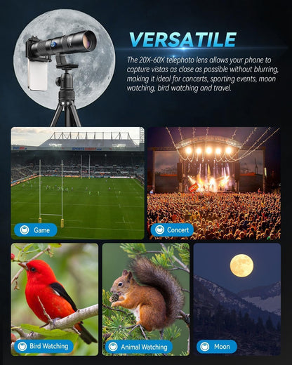 20-60X Zoom Telephoto Lens, Evil Eye High Power HD Telephoto Phone Lens with Tripod and Universal Phone Clip for iPhone 16/15/14/13 Series, Samsung, Android Phone and Most Smartphone