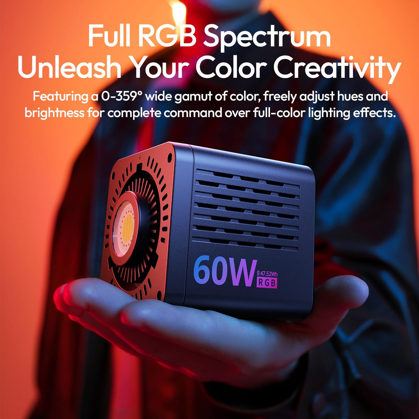 ULANZI C60RGB 60W RGB COB Video Light, Mini Bowens Portable LED Photography Continuous Output Lighting 2500K–6500K CRI≥95 20 Effects 3300mAh Rechargeable Handheld Spotlight with 1/4" Thread, DC/Type-C