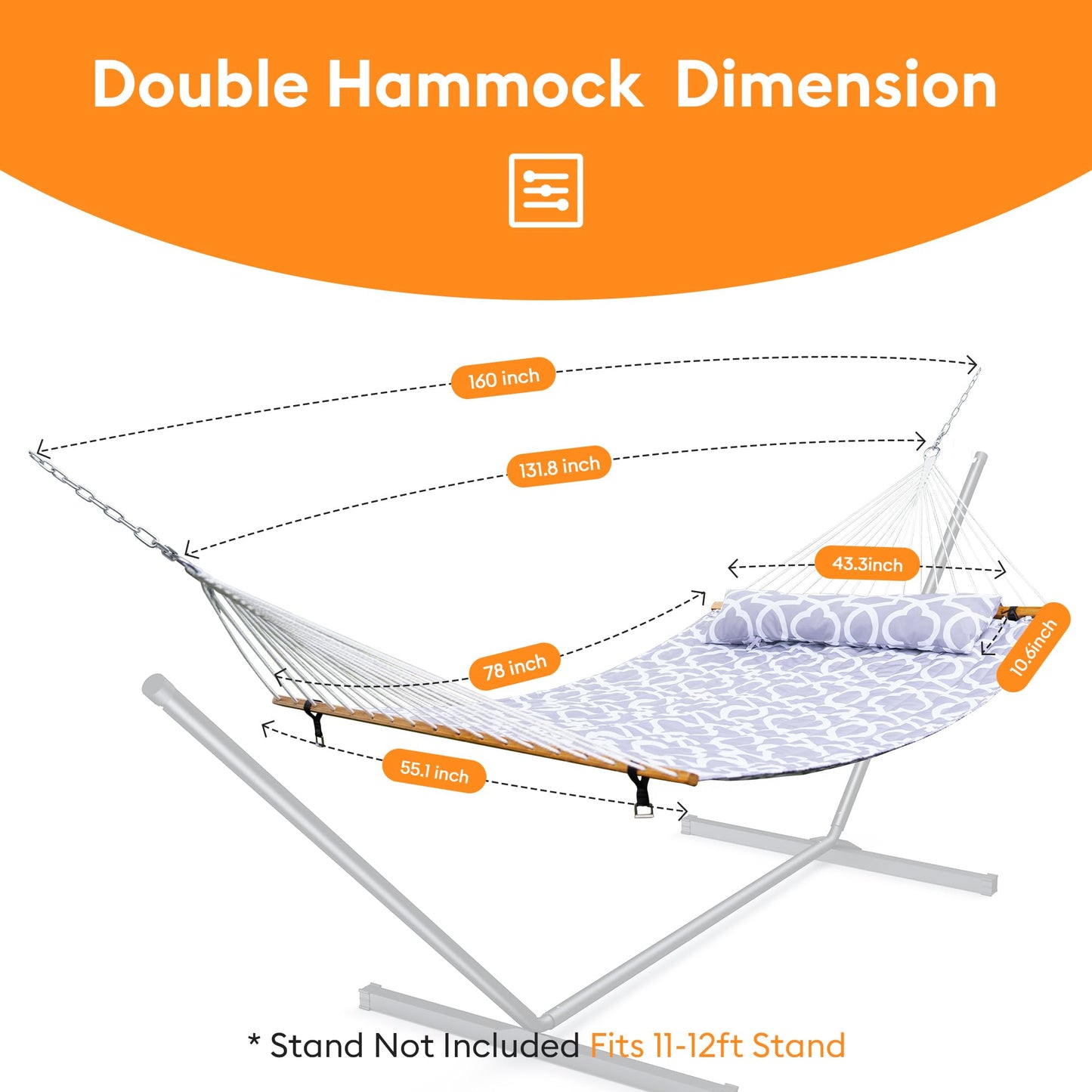Everyfun Double Hammock with Spreader Bar,Soft Pillow,Max Load 500lbs,Portable Hammock for Outdoor,Camping,and Backyard,White Gray