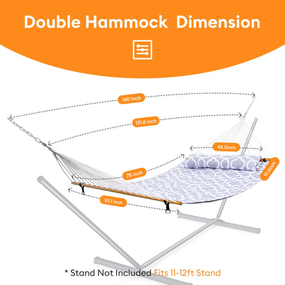 Everyfun Double Hammock with Spreader Bar,Soft Pillow,Max Load 500lbs,Portable Hammock for Outdoor,Camping,and Backyard,White Gray