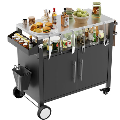 KEIKI Two Doors Outdoor Grill Cart with Patio Furniture, Rolling Bar Cart, Outdoor BBQ Cart with Hooks and Spice Rack for Grilling Accessories