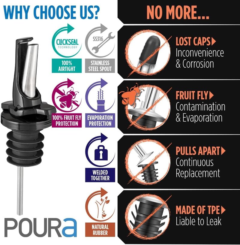3-in-1 Liquor Pour spout with Built-in Fruit Fly Protection - Dishwasher Safe Hygienic Alcohol Speed Spouts - Also for Olive Oil, Juice, Syrup. Black 6 Pack with 6 Adapters for Large Neck Bottles