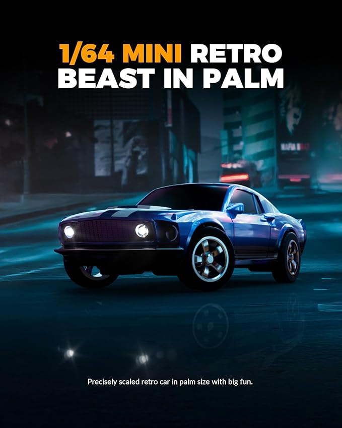 1/64 Scale Drift RC Car2.4Ghz Mini Sports CarEquipped with LED Lights and Mustang Retro Cars with Built-in GyroscopeProfessional Rear Wheel Drive30 Minute Driving Time (Blue)
