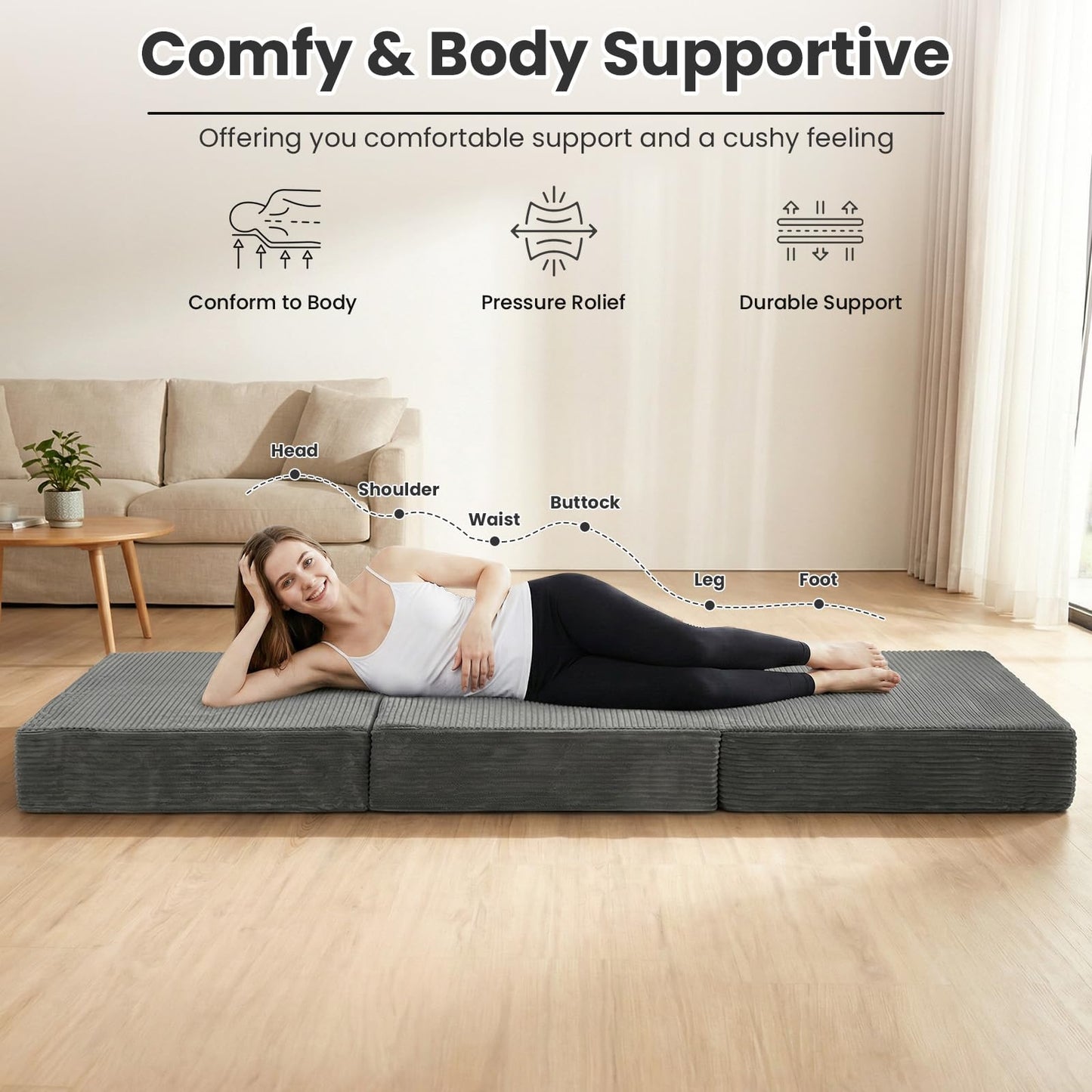 Erament 6-Inch Tri-Fold Mattress Full Size, Covertible Sofa Bed Foldable Futon Mattress with Handles & Non-Slip Bottom, Removable Machine Washable Corduroy Cover for Guest, Camping, Dorm