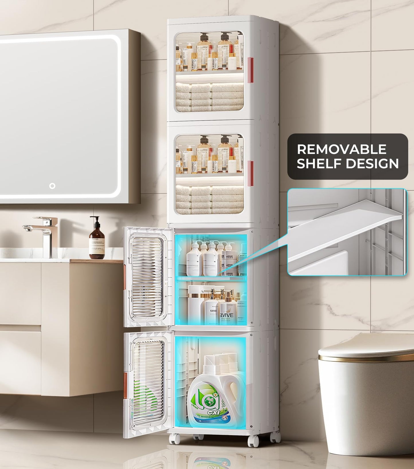 BUMODEL 4-Tier White Slim Storage Cabinet Bundle with 1-Tier White Slim Storage Cabinet with Doors and Adjustable Shelves