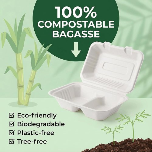 Elsjoy 90-Pack Compostable Clamshell Take Out Containers - 2-Compartment, 9" x 6", Microwave Safe