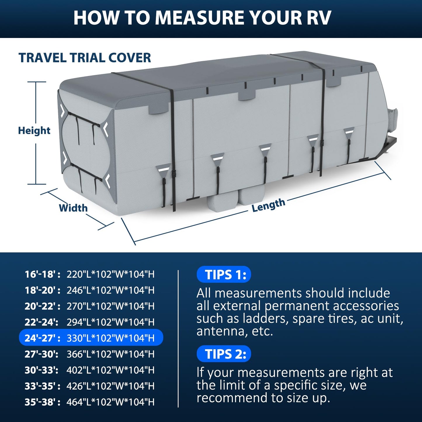 Mofeez Travel Trailer RV Cover, Extra-Thick Upgraded 7 Layers for Camper Cover 24'-27' Windproof Waterproof Rip-Stop RV Covers with 2Pcs Extra Straps & 4 Tire Covers