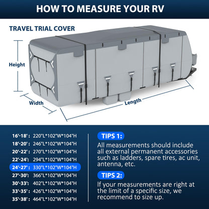 Mofeez Travel Trailer RV Cover, Extra-Thick Upgraded 7 Layers for Camper Cover 24'-27' Windproof Waterproof Rip-Stop RV Covers with 2Pcs Extra Straps & 4 Tire Covers