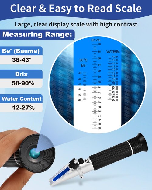 Honey Refractometer for Moisture, Brix and Baume, Brix Meter Refractometer with ATC, (12-27% Honey Moisture, 58-90% Brix, 38-43° Baume), Refractometer Brix for Honey, Maple Syrup, Molasses, Fruit Jam