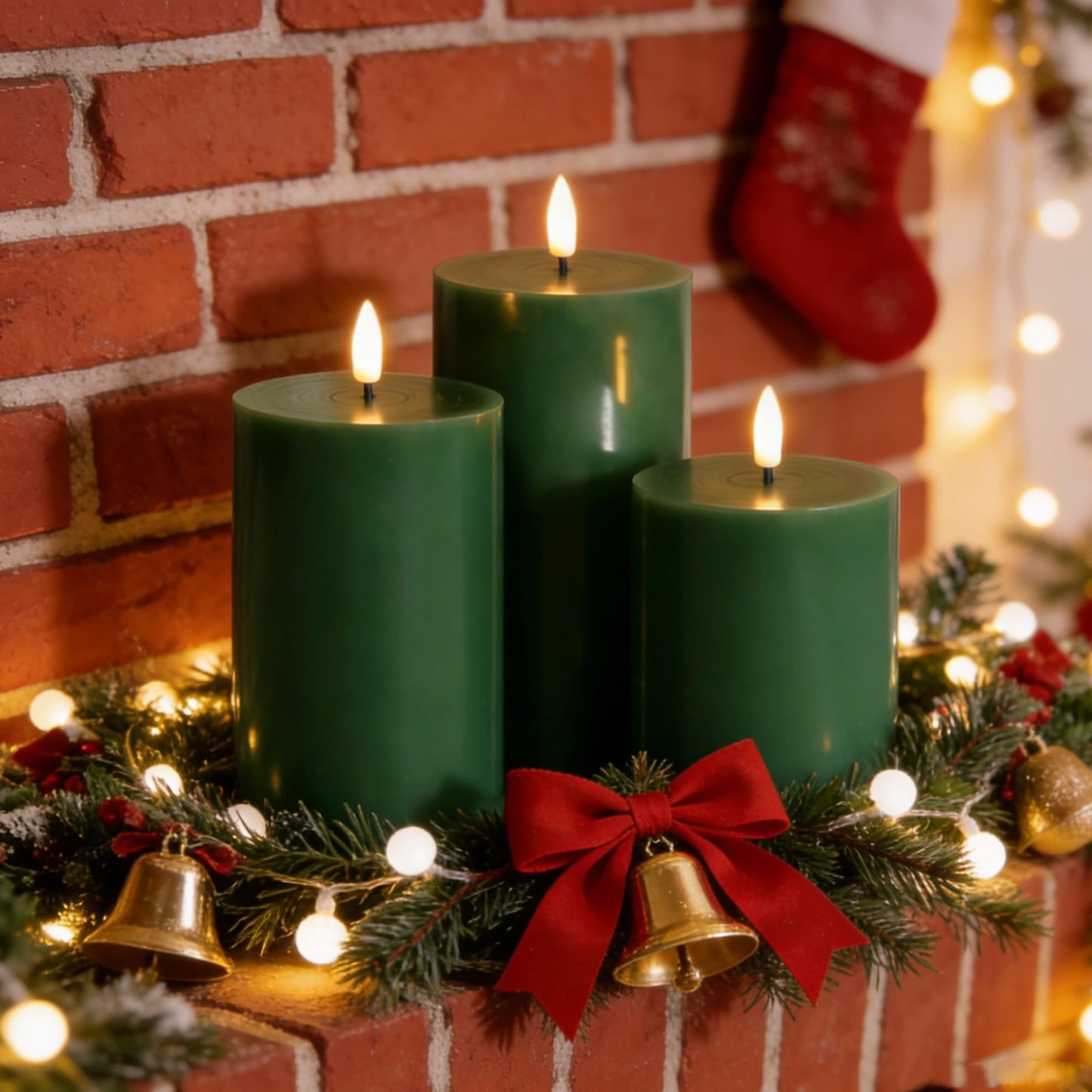 Eywamage Green Flameless Pillar Candles with Remote, Flickering Battery Operated LED Wax Candles Set of 3
